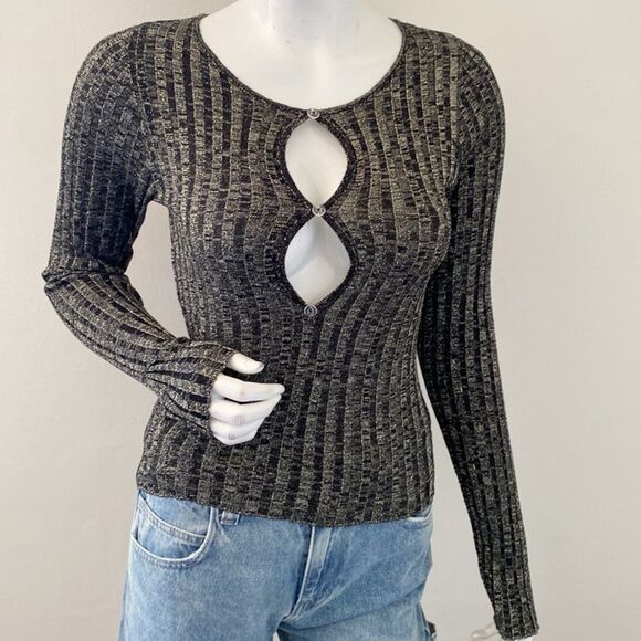 Chaser Black Ribbed Knit Cardigan Top Keyhole Button Closures Gold Lurex Thread - Picture 2 of 7